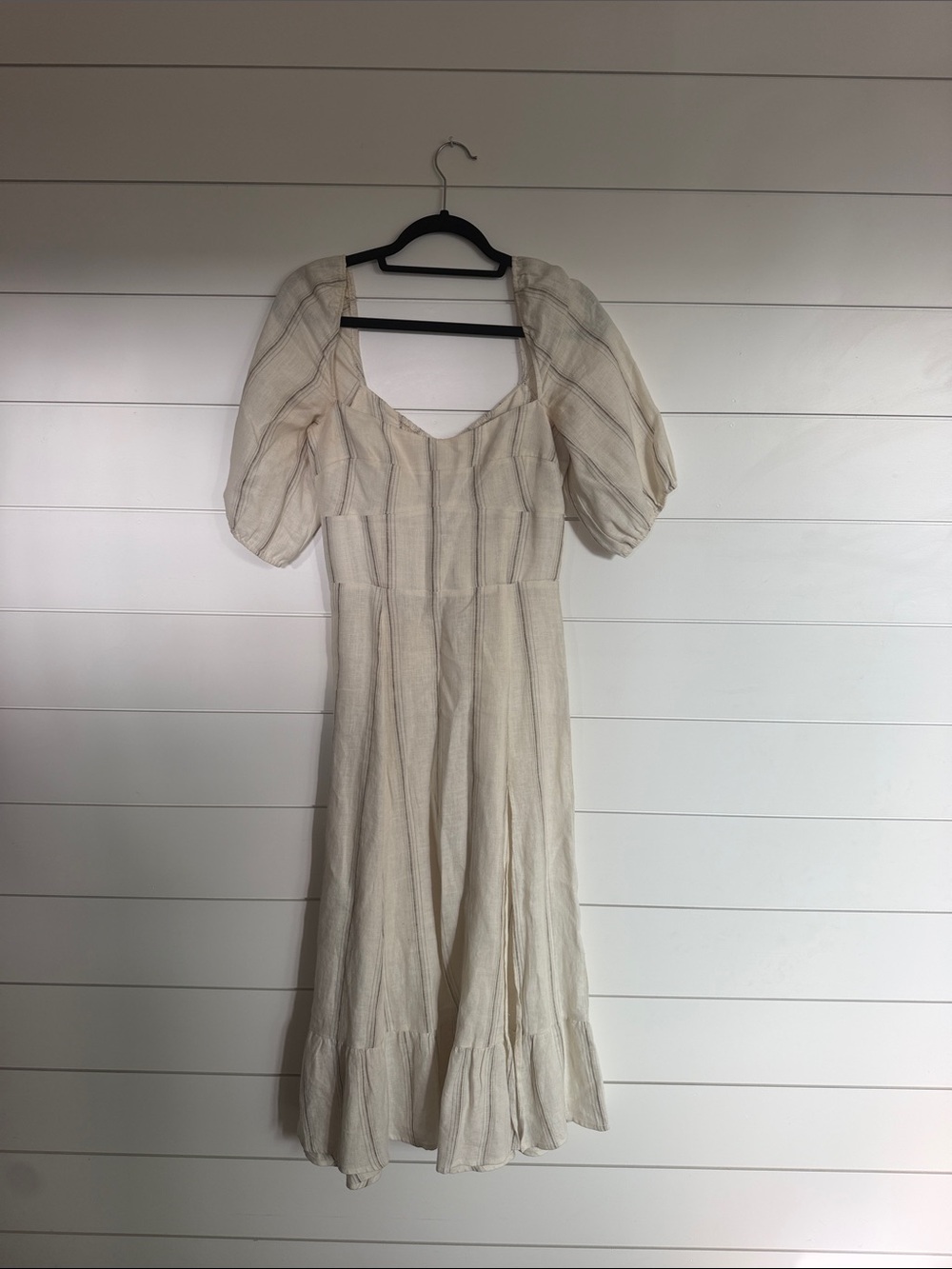Reformation Cream Puff-Sleeve Midi Dress - Cream with Subtle Stripes